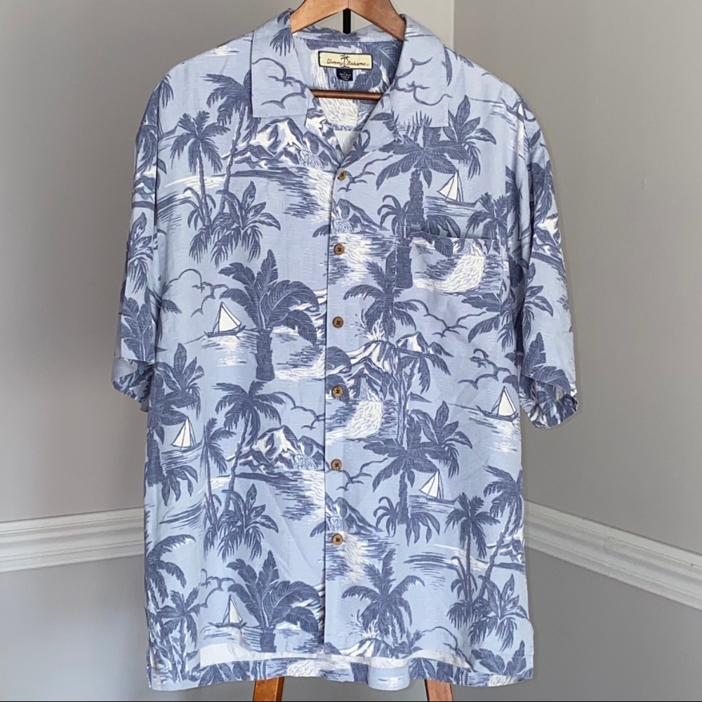 Tommy Bahama Blue Silk Hawaiian Boat Shirt Large